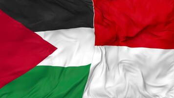 Palestina y Indonesia banderas juntos sin costura bucle fondo, serpenteado bache textura paño ondulación lento movimiento, 3d representación video