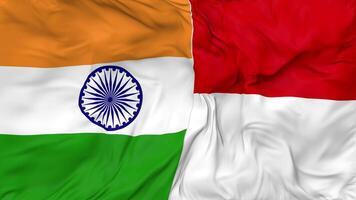 India and Indonesia Flags Together Seamless Looping Background, Looped Bump Texture Cloth Waving Slow Motion, 3D Rendering video