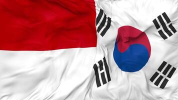 South Korea and Indonesia Flags Together Seamless Looping Background, Looped Bump Texture Cloth Waving Slow Motion, 3D Rendering video