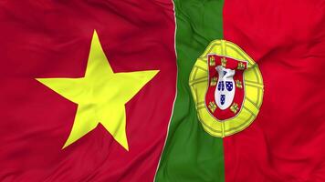 Vietnam and Portugal Flags Together Seamless Looping Background, Looped Bump Texture Cloth Waving Slow Motion, 3D Rendering video