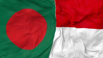 Bangladesh and Indonesia Flags Together Seamless Looping Background, Looped Bump Texture Cloth Waving Slow Motion, 3D Rendering video