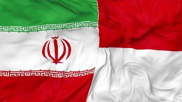 Iran and Indonesia Flags Together Seamless Looping Background, Looped Bump Texture Cloth Waving Slow Motion, 3D Rendering video