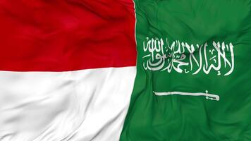 KSA, Kingdom of Saudi Arabia and Indonesia Flags Together Seamless Looping Background, Looped Bump Texture Cloth Waving Slow Motion, 3D Rendering video