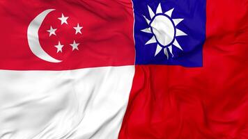 Singapur y Taiwán banderas juntos sin costura bucle fondo, serpenteado bache textura paño ondulación lento movimiento, 3d representación video