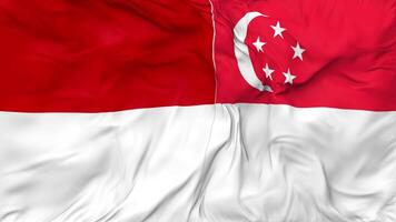 Singapore and Indonesia Flags Together Seamless Looping Background, Looped Bump Texture Cloth Waving Slow Motion, 3D Rendering video