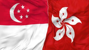 Singapore and Hong Kong Flags Together Seamless Looping Background, Looped Bump Texture Cloth Waving Slow Motion, 3D Rendering video