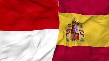 Spain and Indonesia Flags Together Seamless Looping Background, Looped Bump Texture Cloth Waving Slow Motion, 3D Rendering video
