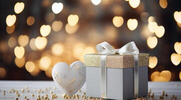 AI generated gift box set with heart shape with gold ribbon sitting on table with beautiful bokeh photo