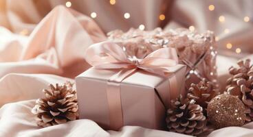 AI generated white gift wrapped under pine cones photo