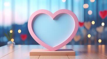 AI generated pink and blue heartshaped background wooden frame on bokeh background photo