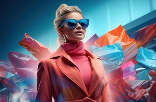 AI generated new shopping girl in pink scarf and sunglasses holding shopping bags photo