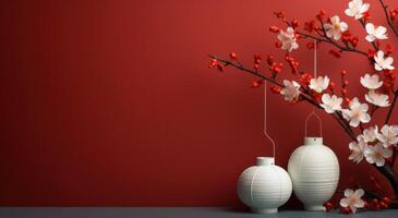 AI generated paper flower, white lantern and red wall photo