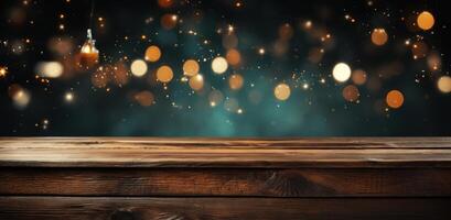 AI generated gold lights on a wooden background with wooden table as part of a holiday greeting photo