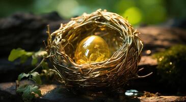 AI generated golden egg is nest in the bird's nest on a log photo