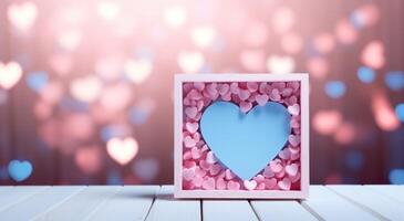 AI generated pink and blue heartshaped background wooden frame on bokeh background photo