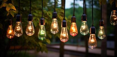 AI generated outdoor lighting fixtures with colored light bulbs photo