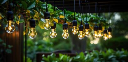 AI generated outdoor string light with bulbs and lights with green leaves photo