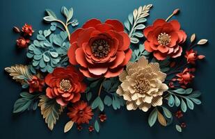 AI generated paper cut flowers on a blue background photo