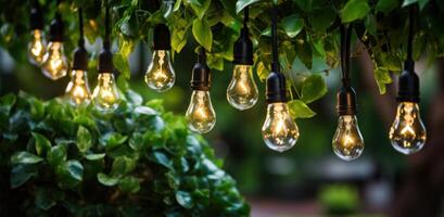 ai generado al aire libre cuerda ligero con bombillas y luces con verde hojas foto