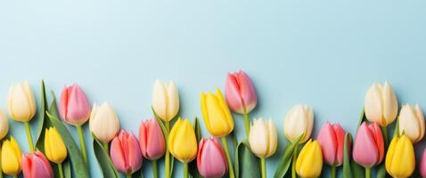 AI generated pink and yellow tulips are seen on a light background photo