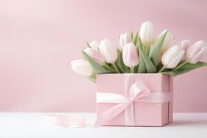 AI generated pink flower box with ribbon and white tulips a gift photo