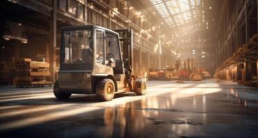 AI generated heavy lift forklift driving in warehouse with sun rays in light photo