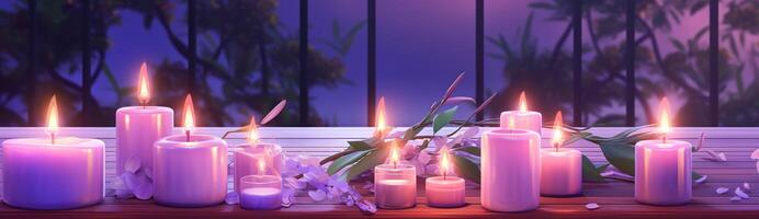 AI generated purple candles are placed on a wooden table photo