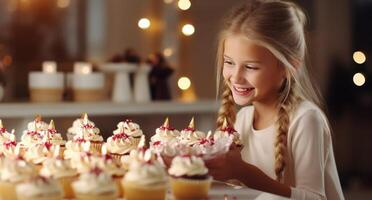 AI generated in front of a table, young girl is putting frosting on cupcakes photo