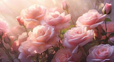 AI generated pink roses blooming up the screen on a light background photo