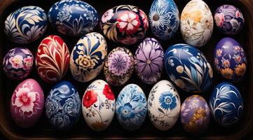 AI generated hundreds of painted easter eggs lined up, background picture photo