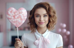 AI generated happy young woman with lollipop pink valentine's day gift idea photo