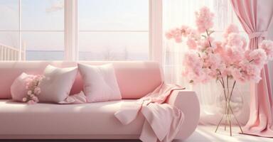 AI generated pink couch in a modern living room with curtains and flowers photo