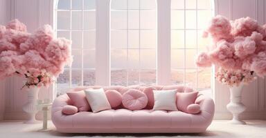 AI generated pink sofas with white walls and white fluffy pillows on a white floor photo