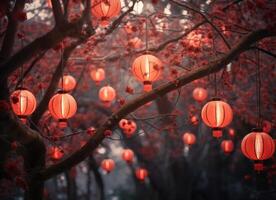 ai generado muchos rojo chino linternas colgando desde árbol ramas foto
