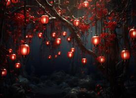 AI generated many red chinese lanterns hanging from tree branches photo