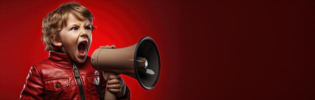 AI generated little boy making a speech on megaphone in front of red background photo