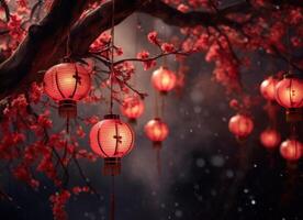AI generated many red chinese lanterns hanging from tree branches photo