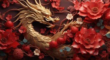 AI generated red red dragon dragon flower decoration gold background, photo