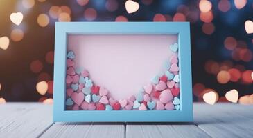 AI generated pink and blue heartshaped background wooden frame on bokeh background photo