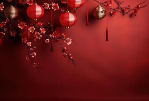 AI generated red background with china paper lanterns and cherry blossoms photo