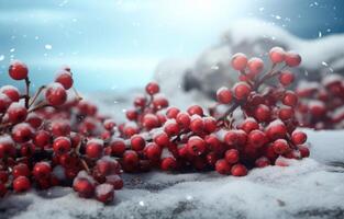 AI generated red berries in the snow on the wooden background photo