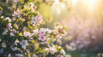 ai generado Mañana antecedentes con flores, suave luz de sol foto