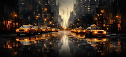 AI generated many taxi cabs parked in a dark wet city street photo