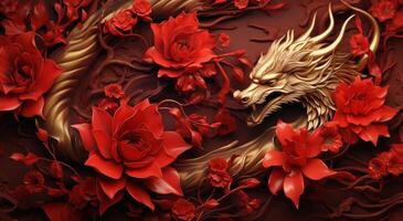 AI generated red red dragon dragon flower decoration gold background, photo