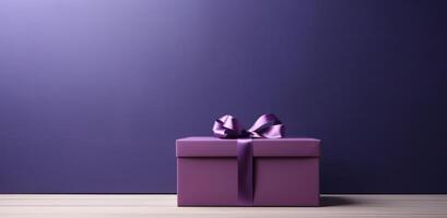 AI generated purple present box on a table with dark purple wall photo