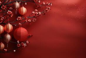 AI generated red background with china paper lanterns and cherry blossoms photo