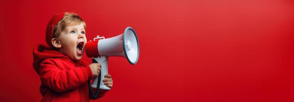 AI generated little boy making a speech on megaphone in front of red background photo