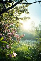 ai generado Mañana antecedentes con flores, suave luz de sol foto