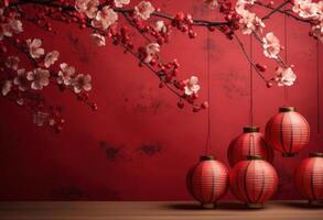 AI generated red background with china paper lanterns and cherry blossoms photo