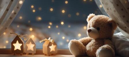 AI generated little teddy bear with stars on an empty windowsill photo